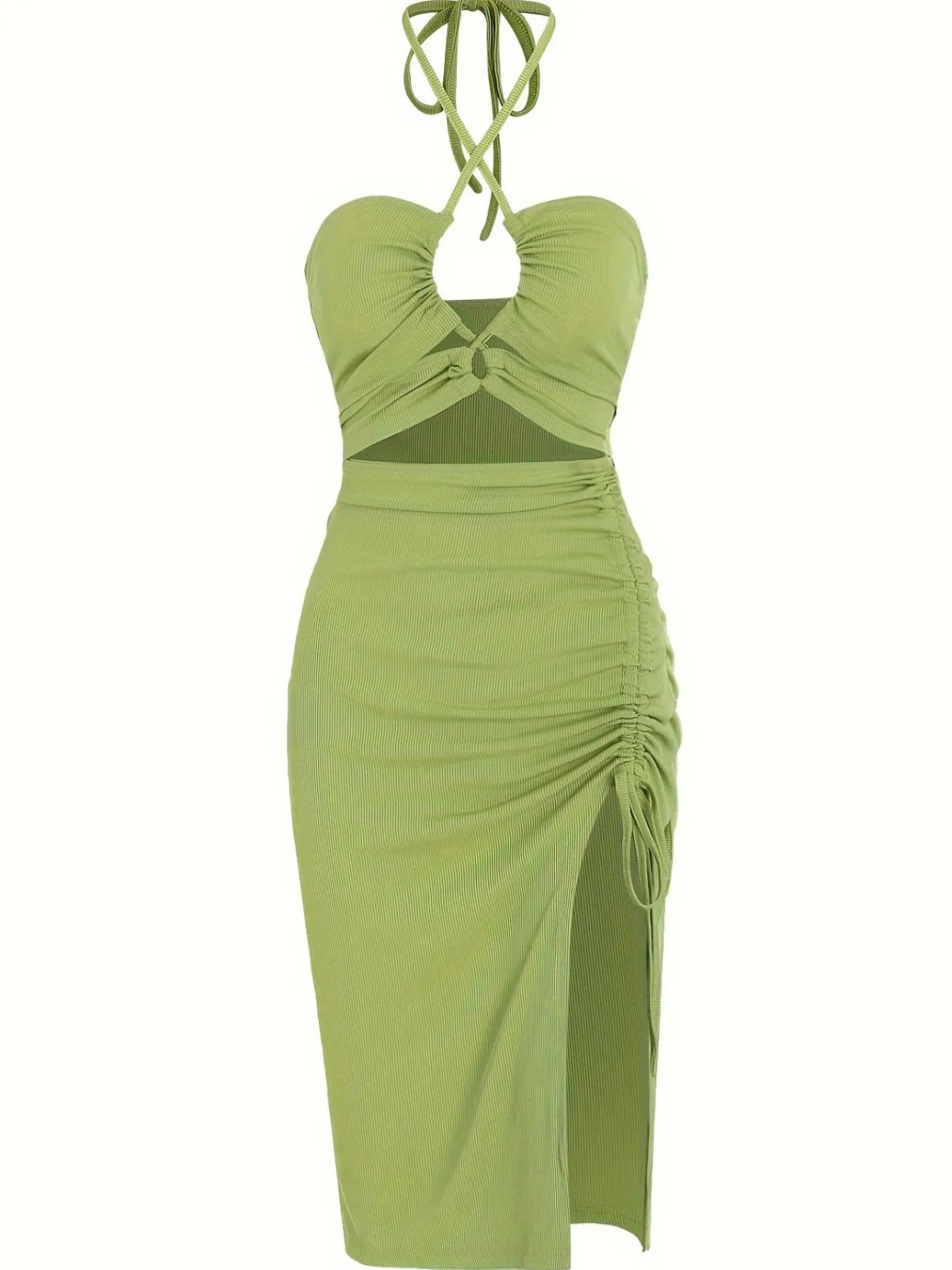 Fashion Retro Stage 1960s Solid Drawstring Cut-Out Bodycon Dress