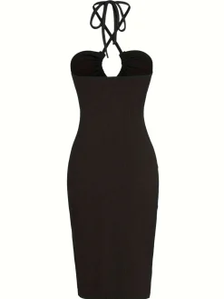 Fashion Retro Stage 1960s Solid Drawstring Cut-Out Bodycon Dress