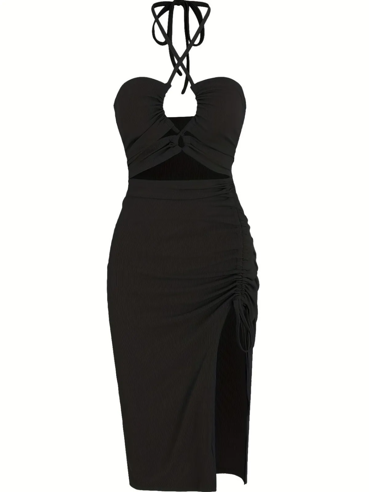 Fashion Retro Stage 1960s Solid Drawstring Cut-Out Bodycon Dress