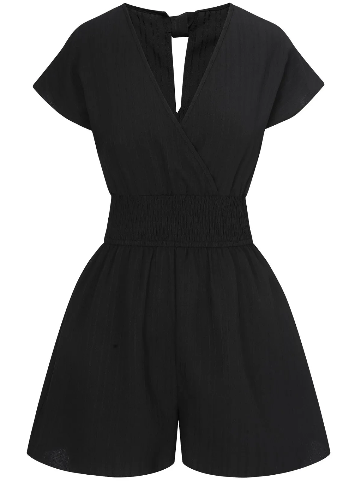 Outlet Retro Stage 1970s Solid Elastic Waist Wrap V-Neck Romper