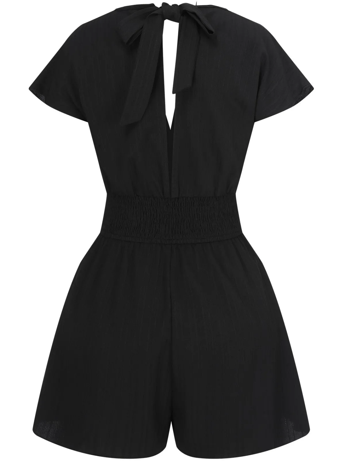 Outlet Retro Stage 1970s Solid Elastic Waist Wrap V-Neck Romper