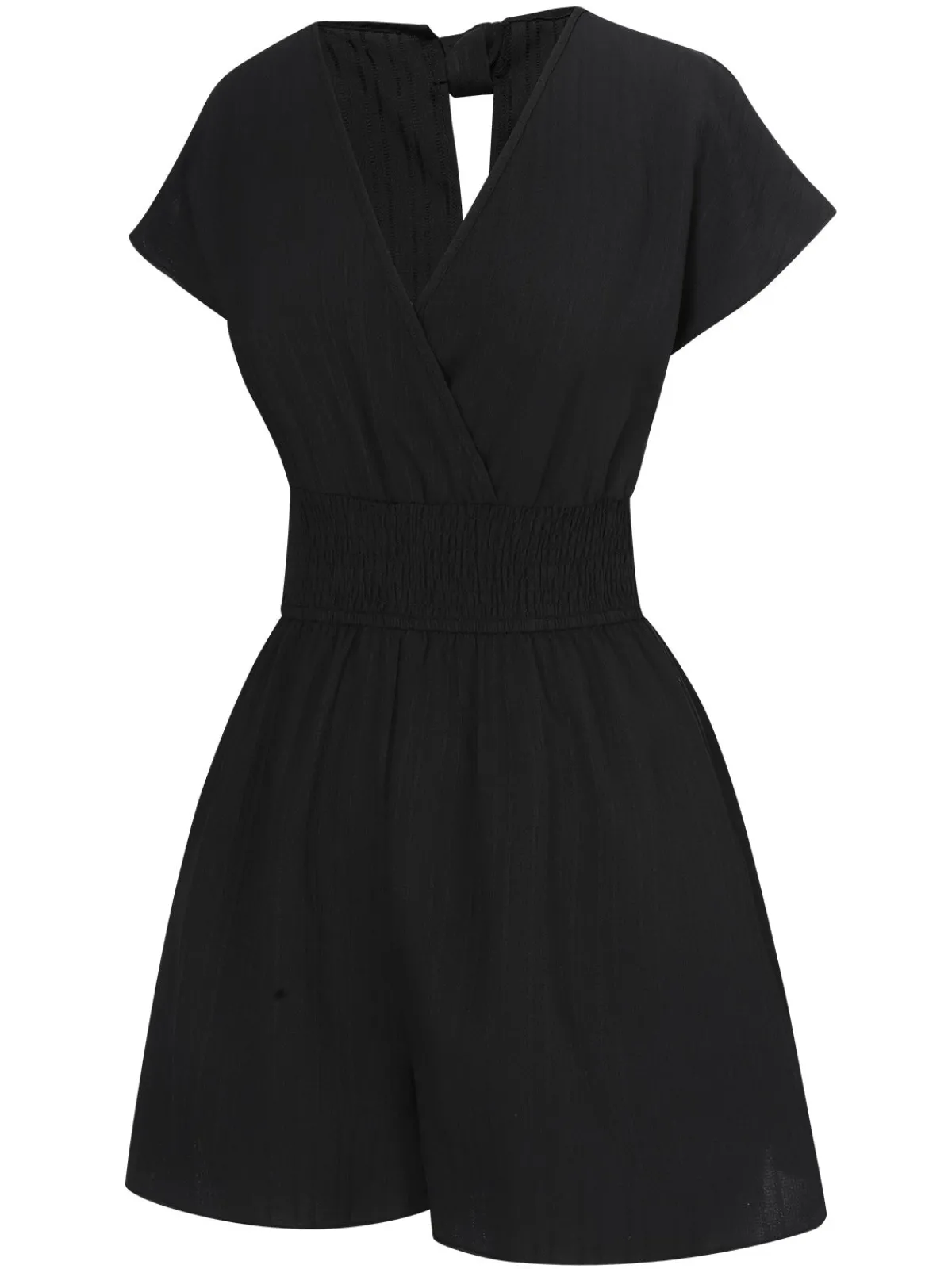 Outlet Retro Stage 1970s Solid Elastic Waist Wrap V-Neck Romper