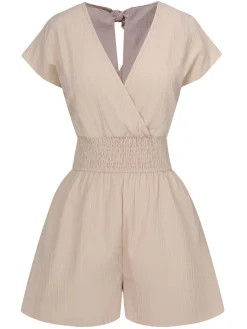 Outlet Retro Stage 1970s Solid Elastic Waist Wrap V-Neck Romper