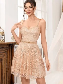 Online Retro Stage 1950s Solid Embroidered Mesh Tie Back Dress
