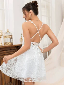 Online Retro Stage 1950s Solid Embroidered Mesh Tie Back Dress