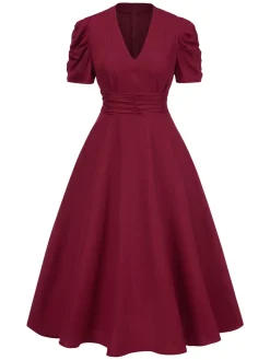 Online Retro Stage 1950s Solid Empire Waist V-Neck Puff Sleeves Dress