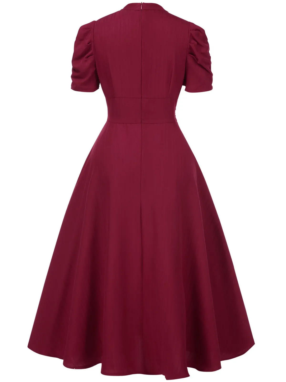 Online Retro Stage 1950s Solid Empire Waist V-Neck Puff Sleeves Dress