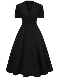 Online Retro Stage 1950s Solid Empire Waist V-Neck Puff Sleeves Dress