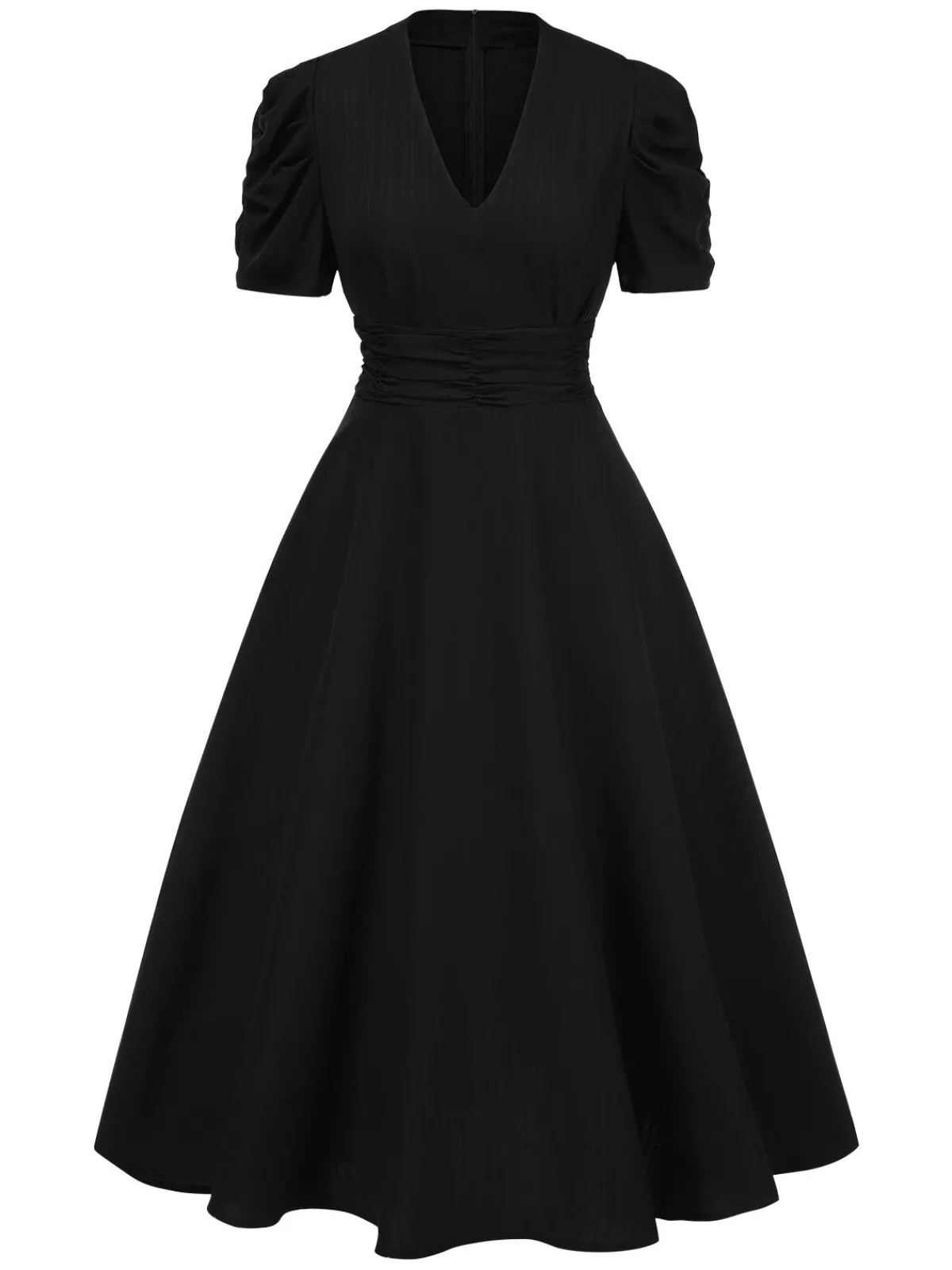 Online Retro Stage 1950s Solid Empire Waist V-Neck Puff Sleeves Dress
