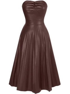 New Retro Stage 1950s Solid Faux Leather Strapless Dress