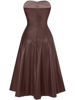 New Retro Stage 1950s Solid Faux Leather Strapless Dress
