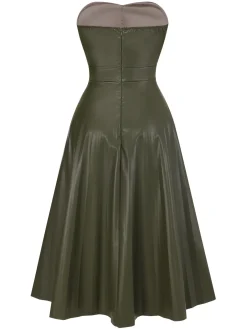 New Retro Stage 1950s Solid Faux Leather Strapless Dress
