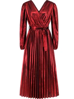 New Retro Stage 1940s Solid Glossy V-Neck Shift Dress