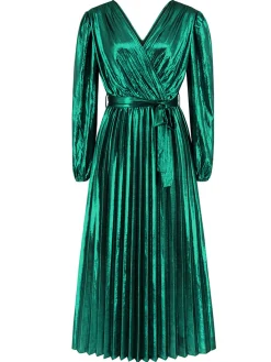New Retro Stage 1940s Solid Glossy V-Neck Shift Dress