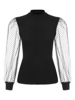 Clearance Retro Stage 1960s Solid Half Turtleneck Puff Sleeve Knitted Top Black