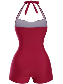 New Retro Stage 1950s Solid Halter Boxer One-Piece Swimsuit