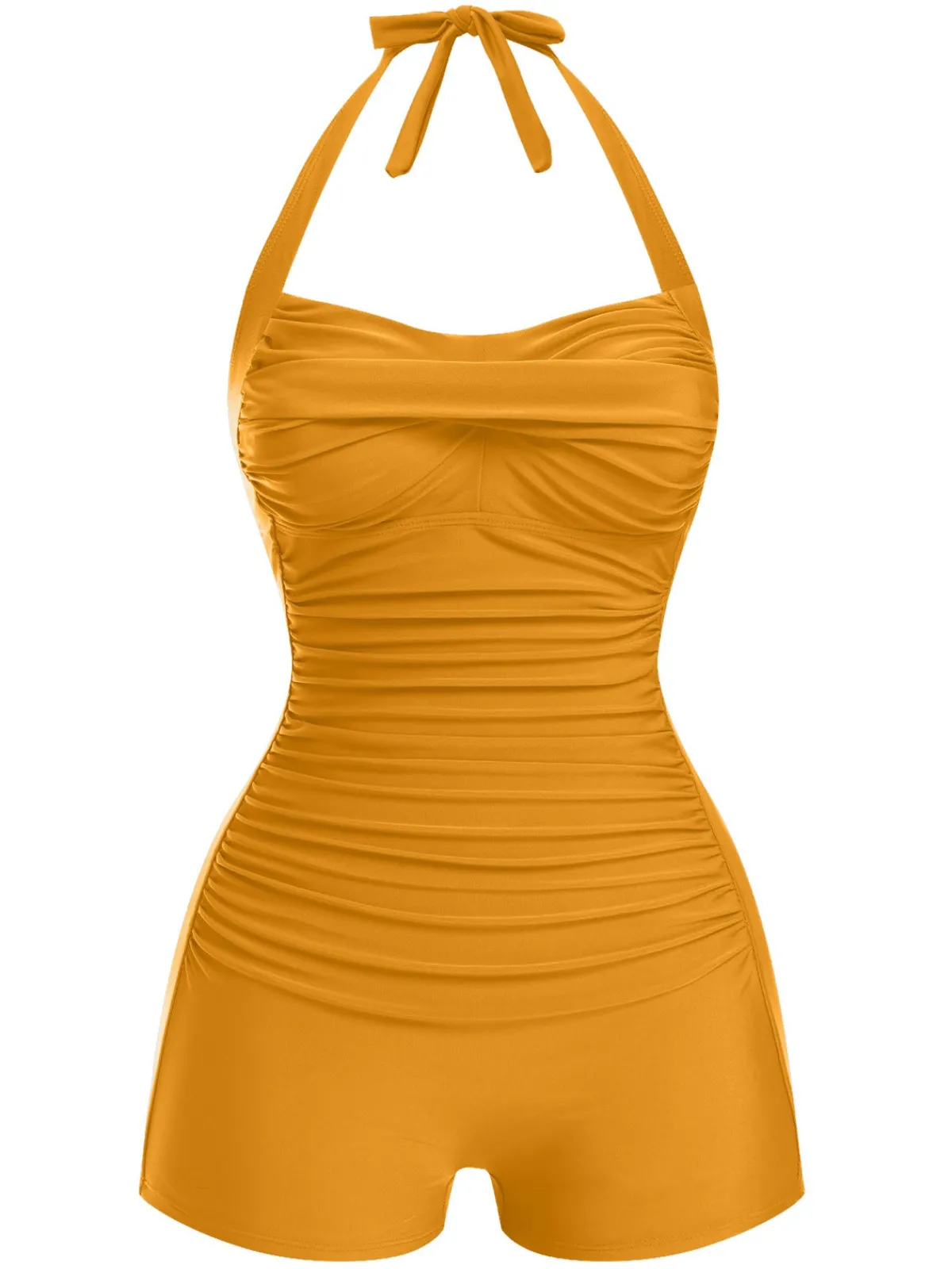 New Retro Stage 1950s Solid Halter Boxer One-Piece Swimsuit