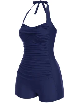 New Retro Stage 1950s Solid Halter Boxer One-Piece Swimsuit