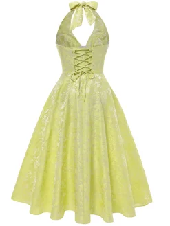 Outlet Retro Stage 1950s Solid Halter Deep V-Neck Jacquard Printed Dress