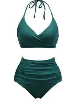 Clearance Retro Stage 1960s Solid Halter Lace-Up Swimsuit Dark Peacock Blue