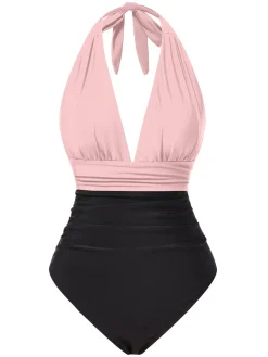 New Retro Stage 1930s Solid Halter Patchwork One-Piece Swimsuit