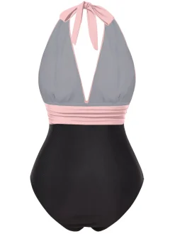 New Retro Stage 1930s Solid Halter Patchwork One-Piece Swimsuit
