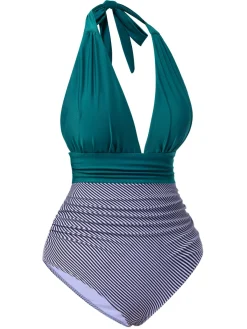 New Retro Stage 1930s Solid Halter Patchwork One-Piece Swimsuit
