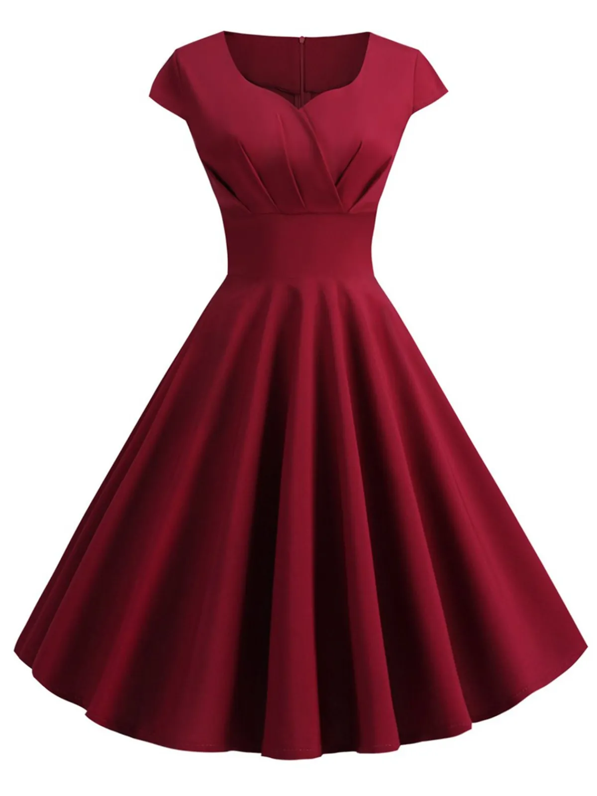 Online Retro Stage 1950s Solid Heart Neck Short Sleeve Dress