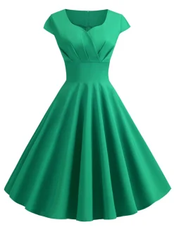 Fashion Retro Stage 1950s Solid Heart Neck Short Sleeve Dress