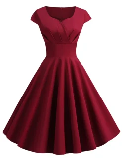 Fashion Retro Stage 1950s Solid Heart Neck Short Sleeve Dress