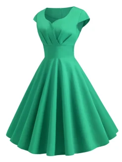 Hot Retro Stage 1950s Solid Heart Neck Short Sleeve Dress