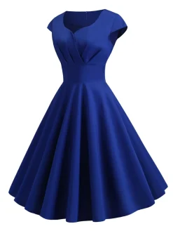 Hot Retro Stage 1950s Solid Heart Neck Short Sleeve Dress