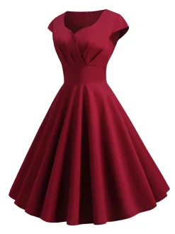 Hot Retro Stage 1950s Solid Heart Neck Short Sleeve Dress