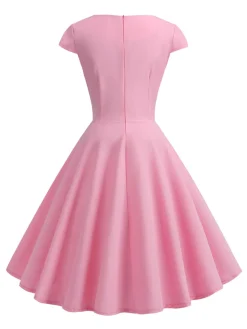 Hot Retro Stage 1950s Solid Heart Neck Short Sleeve Dress