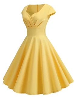Sale Retro Stage 1950s Solid Heart Neck Short Sleeve Dress