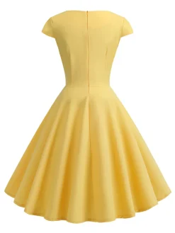 Sale Retro Stage 1950s Solid Heart Neck Short Sleeve Dress