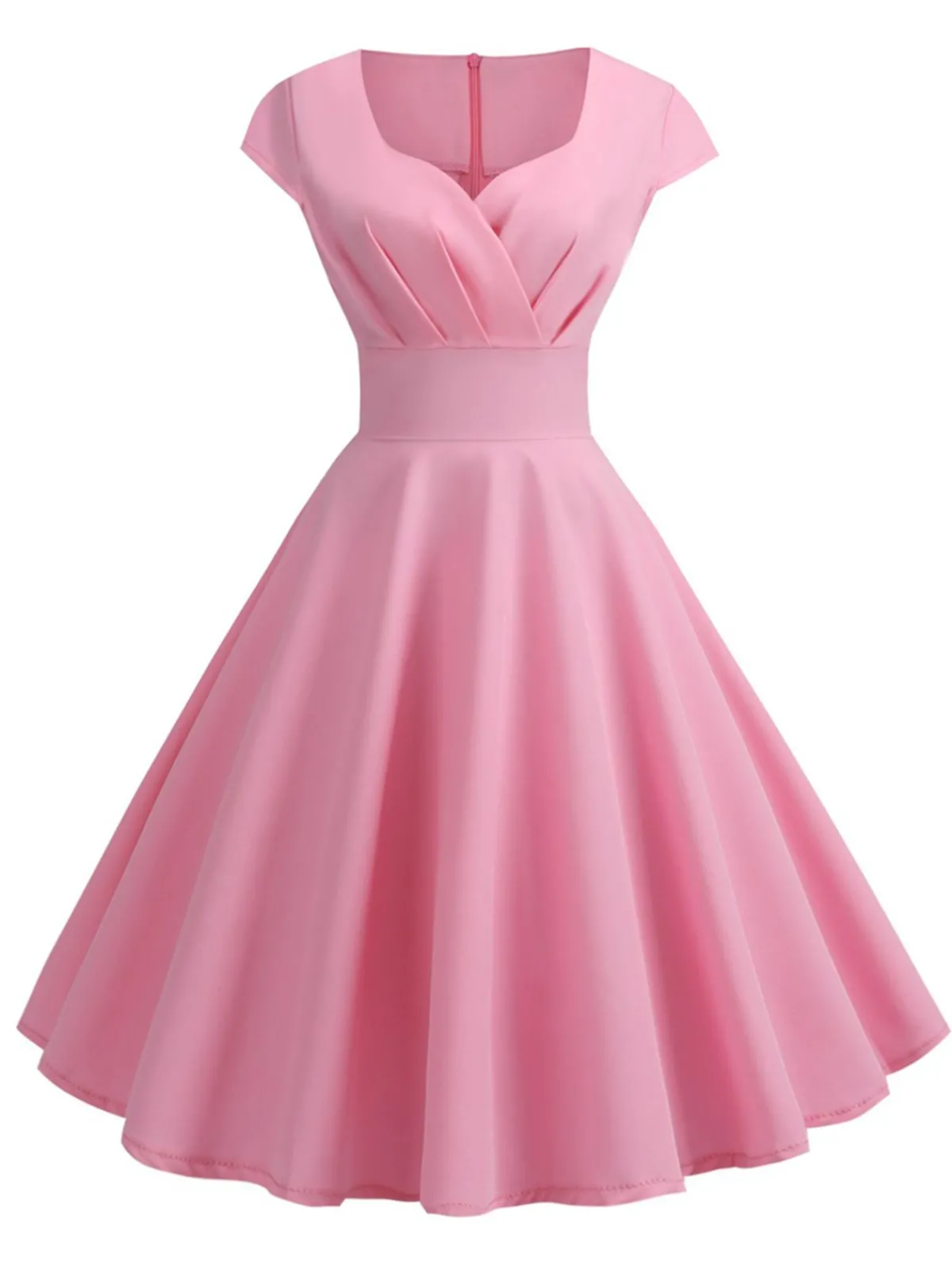 Sale Retro Stage 1950s Solid Heart Neck Short Sleeve Dress