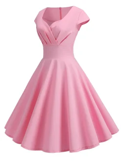 Best Retro Stage 1950s Solid Heart Neck Short Sleeve Dress