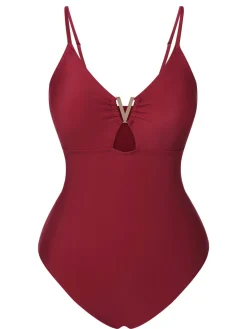 Outlet Retro Stage 1950s Solid Hollow V-Neck One-Piece Swimsuit