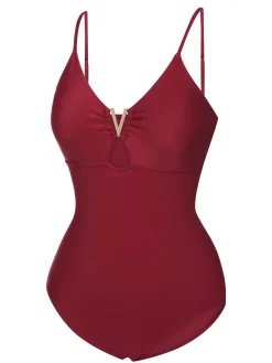 Outlet Retro Stage 1950s Solid Hollow V-Neck One-Piece Swimsuit