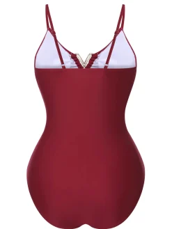 Outlet Retro Stage 1950s Solid Hollow V-Neck One-Piece Swimsuit