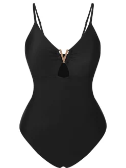 Outlet Retro Stage 1950s Solid Hollow V-Neck One-Piece Swimsuit