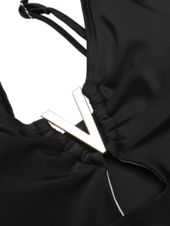 Outlet Retro Stage 1950s Solid Hollow V-Neck One-Piece Swimsuit