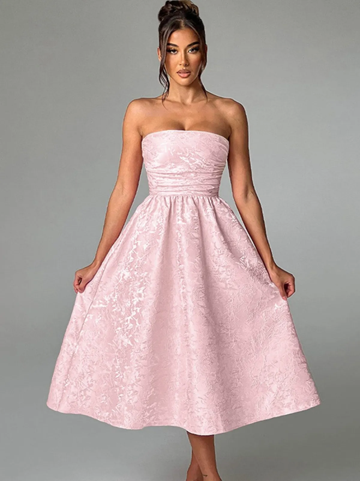 Clearance Retro Stage 1950s Solid Jacquard Floral Bandeau Lace-Up Dress