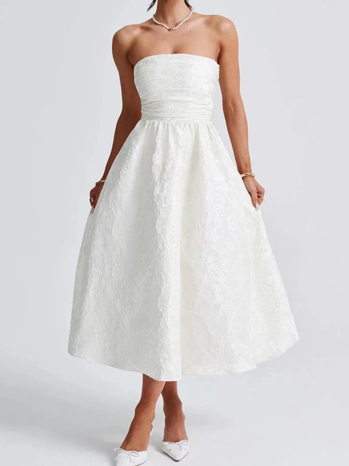 Clearance Retro Stage 1950s Solid Jacquard Floral Bandeau Lace-Up Dress