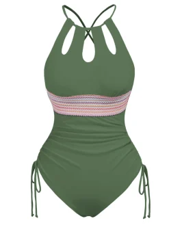 Discount Retro Stage 1950s Solid Keyhole Collar Cross-Bind Swimsuit