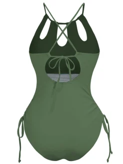 Discount Retro Stage 1950s Solid Keyhole Collar Cross-Bind Swimsuit