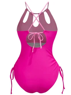 Discount Retro Stage 1950s Solid Keyhole Collar Cross-Bind Swimsuit