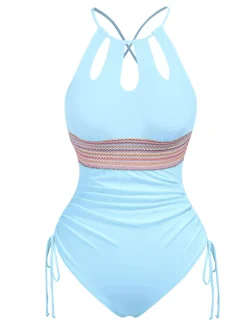 Discount Retro Stage 1950s Solid Keyhole Collar Cross-Bind Swimsuit