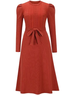 Hot Retro Stage 1940s Solid Knitted Lantern A-line Belt Dress